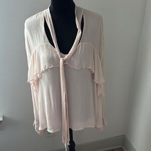 Sanctuary blush chiffon overlay ruffle neck ties long sleeves‎ top blouse Sz XL